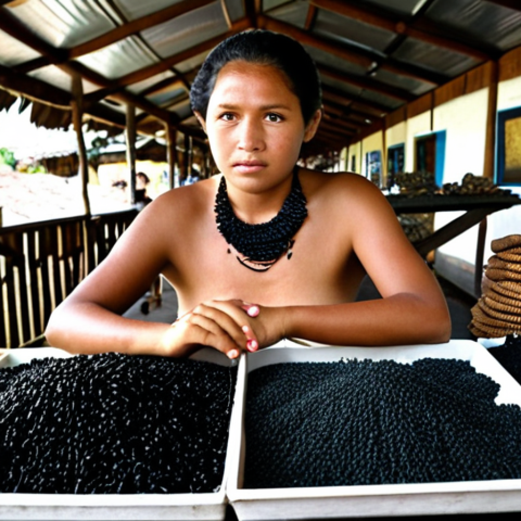 **

*   **Prompt:** Black coral jewelry display at a Koror market in Palau. Focus on handcrafted necklaces and bracelets. Include a local artisan in the background, showcasing the history and tradition of black coral jewelry making. Capture the elegance and mystery of the black coral.

**