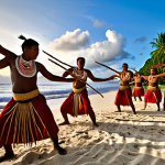 **A dynamic, wide-angle shot of Palauan dancers performing an ancient ritual dance at sunset on a beach, with the ocean in the background. The dancers are adorned in elaborate, natural costumes made from pandanus leaves, shells, and flowers. Drummers intensely play large, resonant drums made from hollowed tree trunks, their beats palpable, echoing ancestral sounds. The atmosphere is vibrant and deeply spiritual, capturing the grace and power of a living cultural heritage passed through generations.**